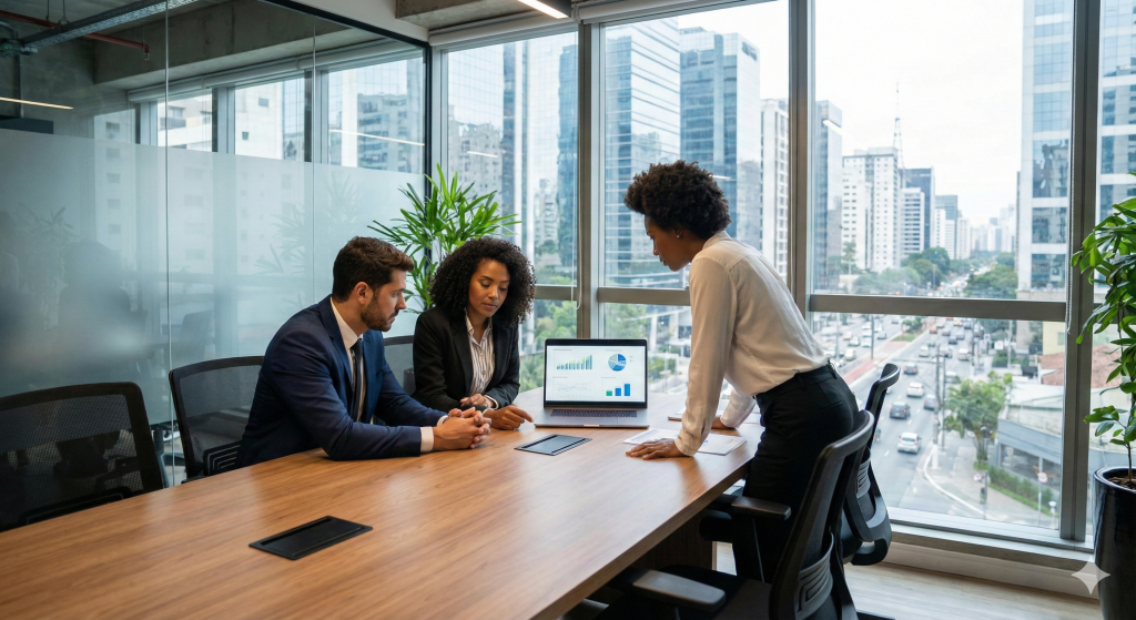 Empresários em reunião de marketing digital em Guarulhos
