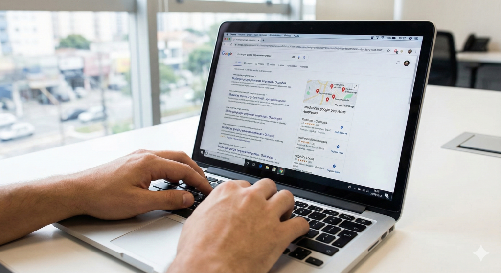 Resultado de busca do Google em notebook representando mudanças para pequenas empresas