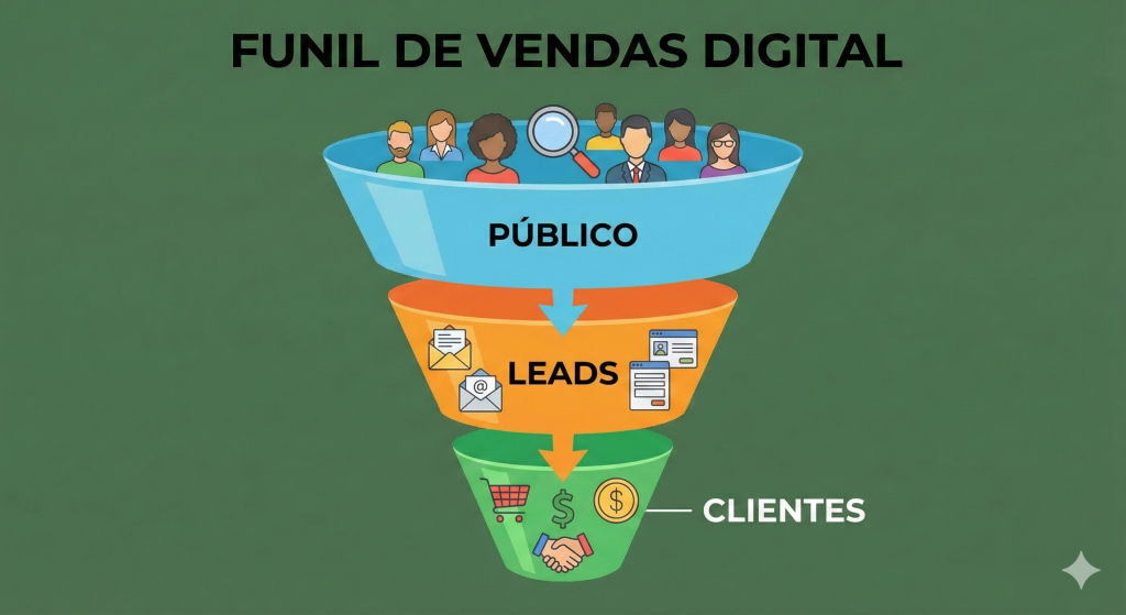 Ilustração de funil de vendas no marketing digital para pequenas empresas