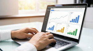 Gestão de campanhas de Google Ads com gráficos de resultados em alta