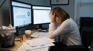 Empresária sobrecarregada tentando cuidar sozinha do marketing digital da empresa