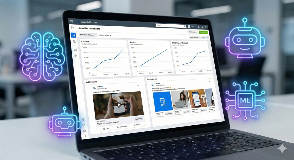 Painel do Meta Ads com gráficos de desempenho e recursos de IA