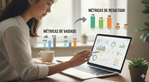 Dono de pequena empresa analisando métricas de marketing no computador